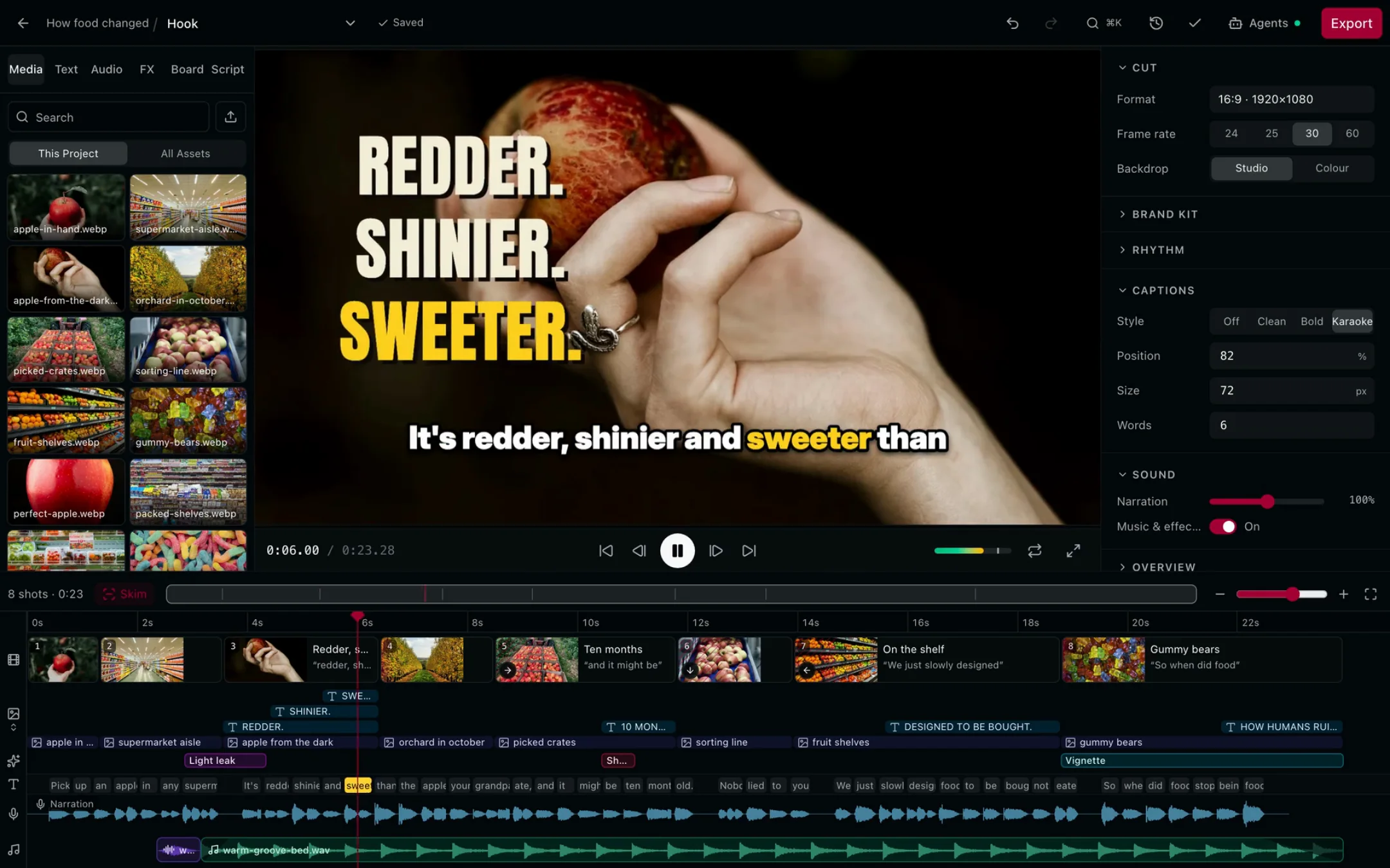 The video editor playing the food video, with REDDER. SHINIER. SWEETER. on screen and its shots lined up with the narration