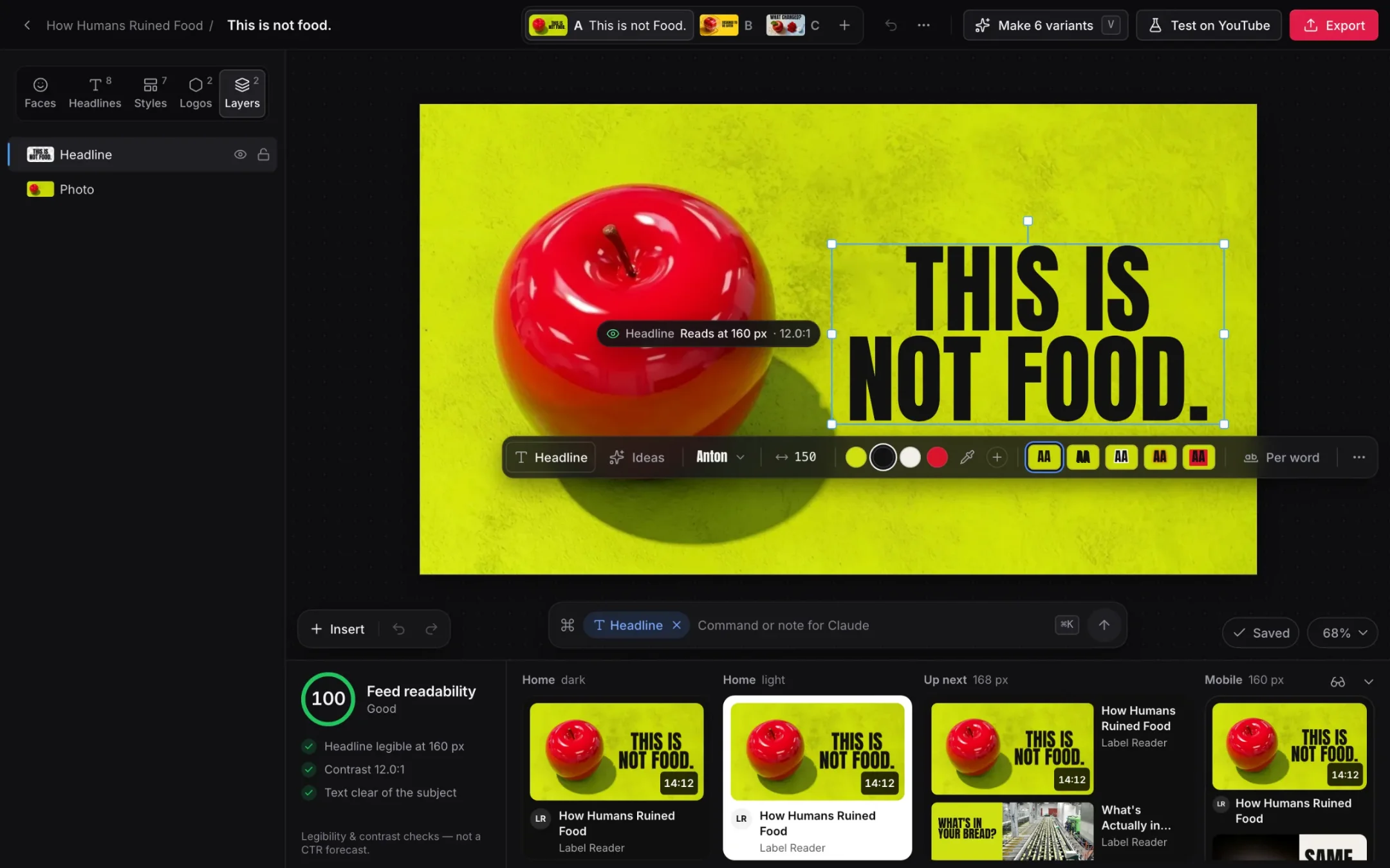 The Thumbnail Studio on THIS IS NOT FOOD. with a feed readability of 100, its headline ideas, then six variants