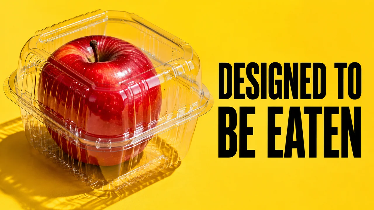 A red apple inside a plastic supermarket container beside the words Designed to Be Eaten