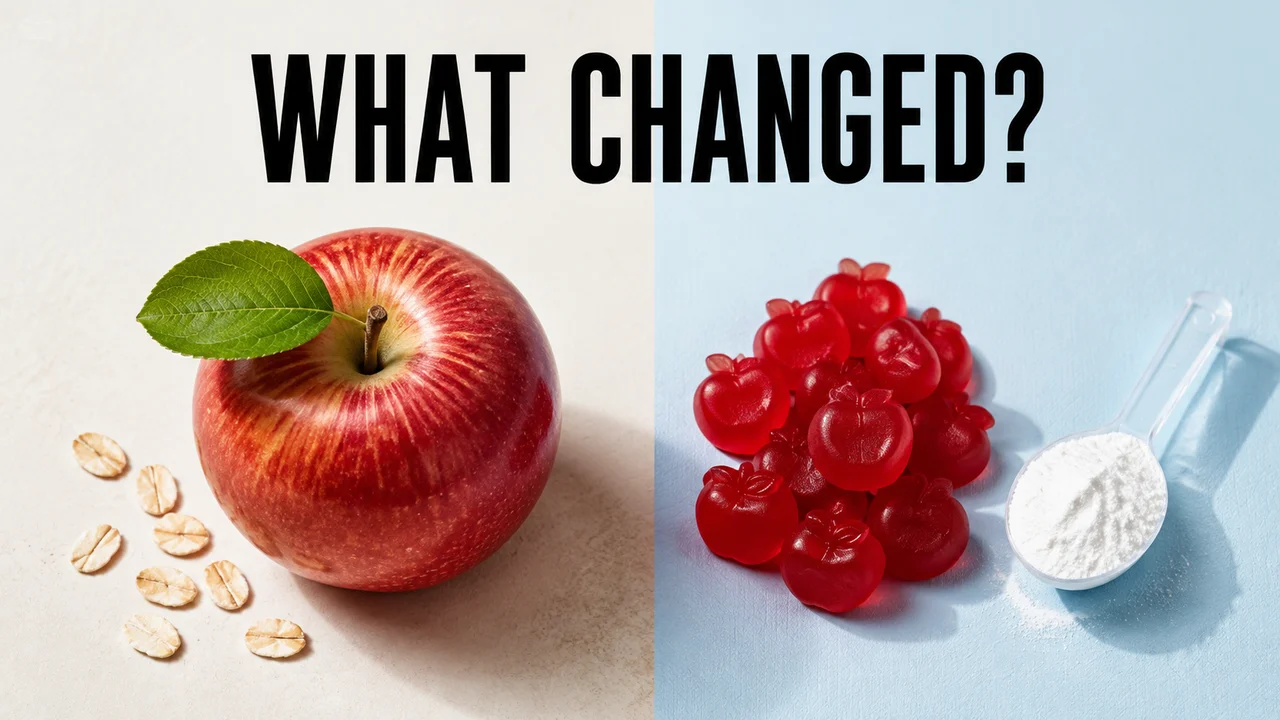 A natural apple beside apple-shaped sweets and powder, with the words What Changed?