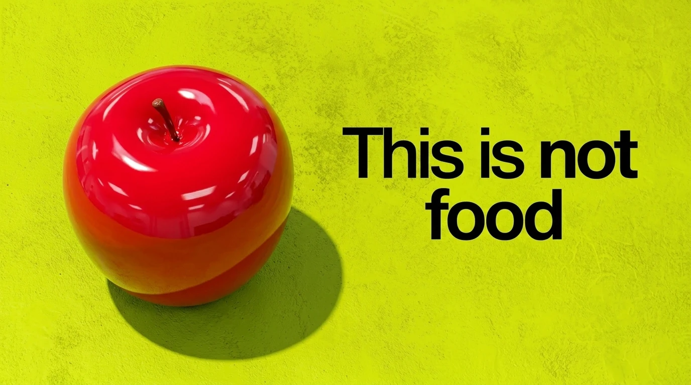 An artificial glossy red apple on a vivid yellow background beside the words This is not food