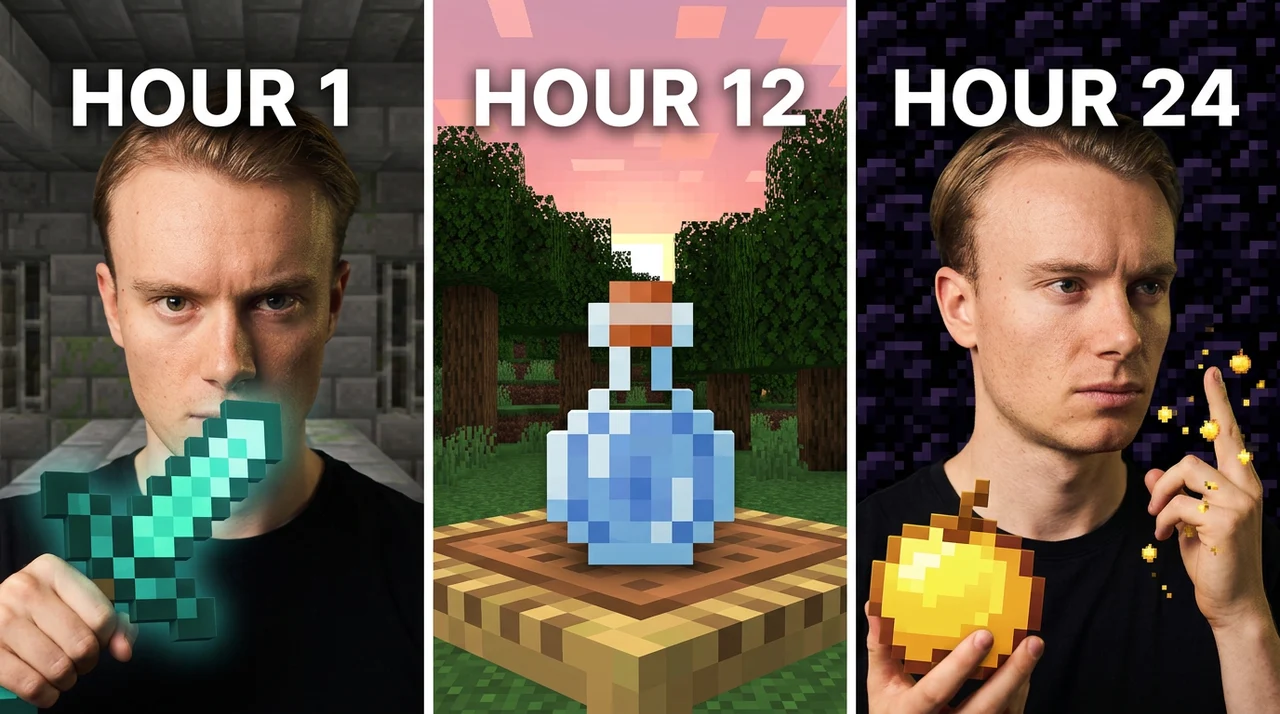 Minecraft VR thumbnail showing Hour 1, Hour 12 and Hour 24