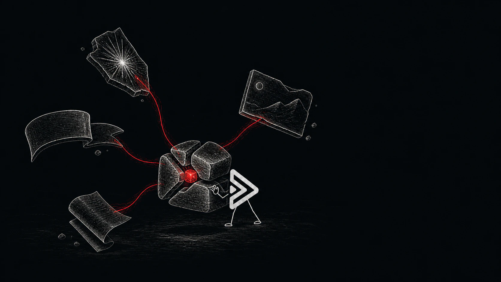 Etched illustration of title, thumbnail, and idea elements converging into one video package