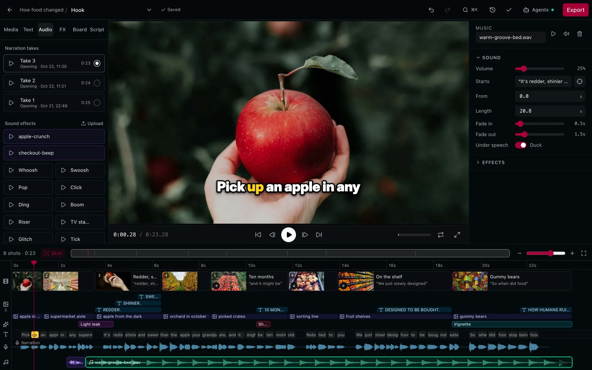 Narration takes and sound effects