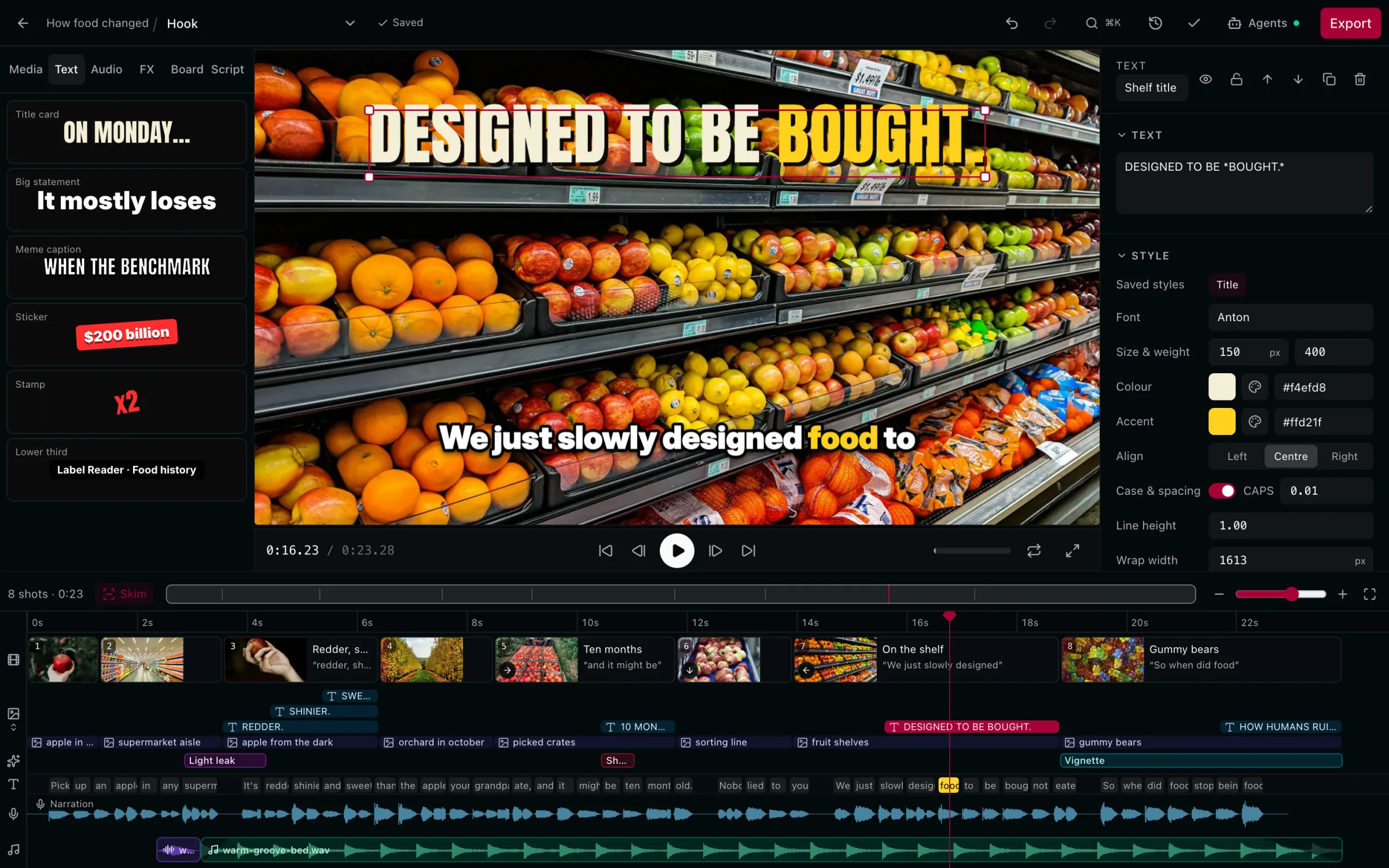 Text presets: a title card, a big statement, a meme caption, a sticker and a lower third