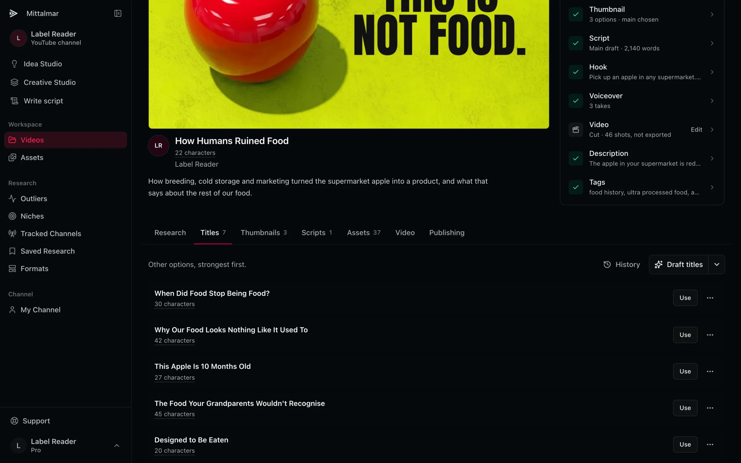 Seven title options for the food video
