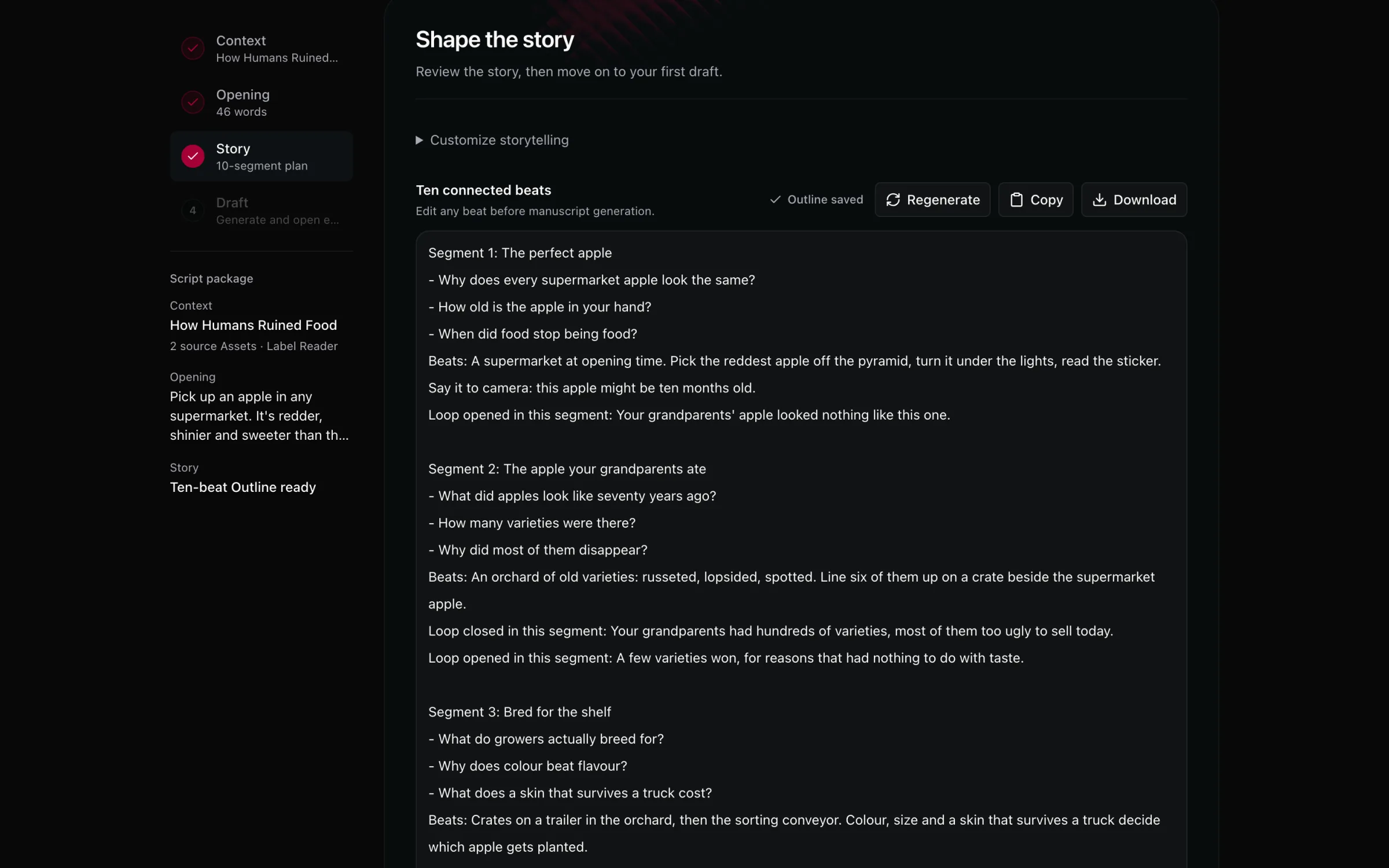 The story outline in connected beats