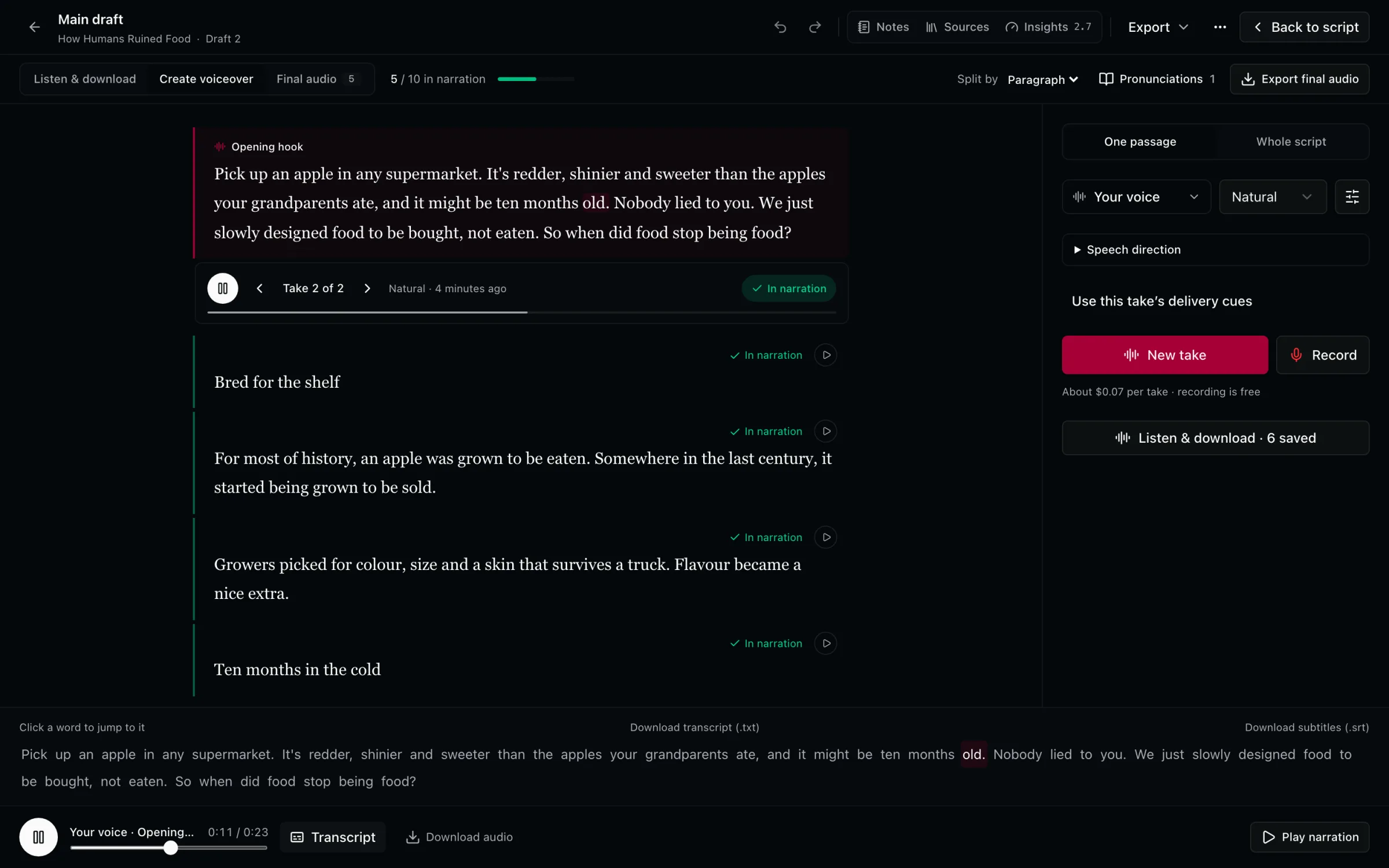 Voiceover settings with the creator's voice and a New take button